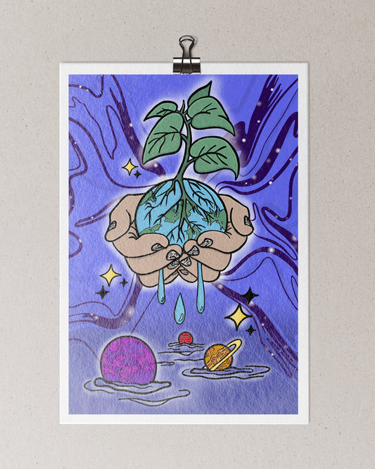 Hand-signed 8x10 inch premium art print titled ‘Give Yourself Space to Grow’ by Mikaela Henderson, featuring a cosmic and nature-inspired design on heavy card stock with a lustrous shimmer finish.