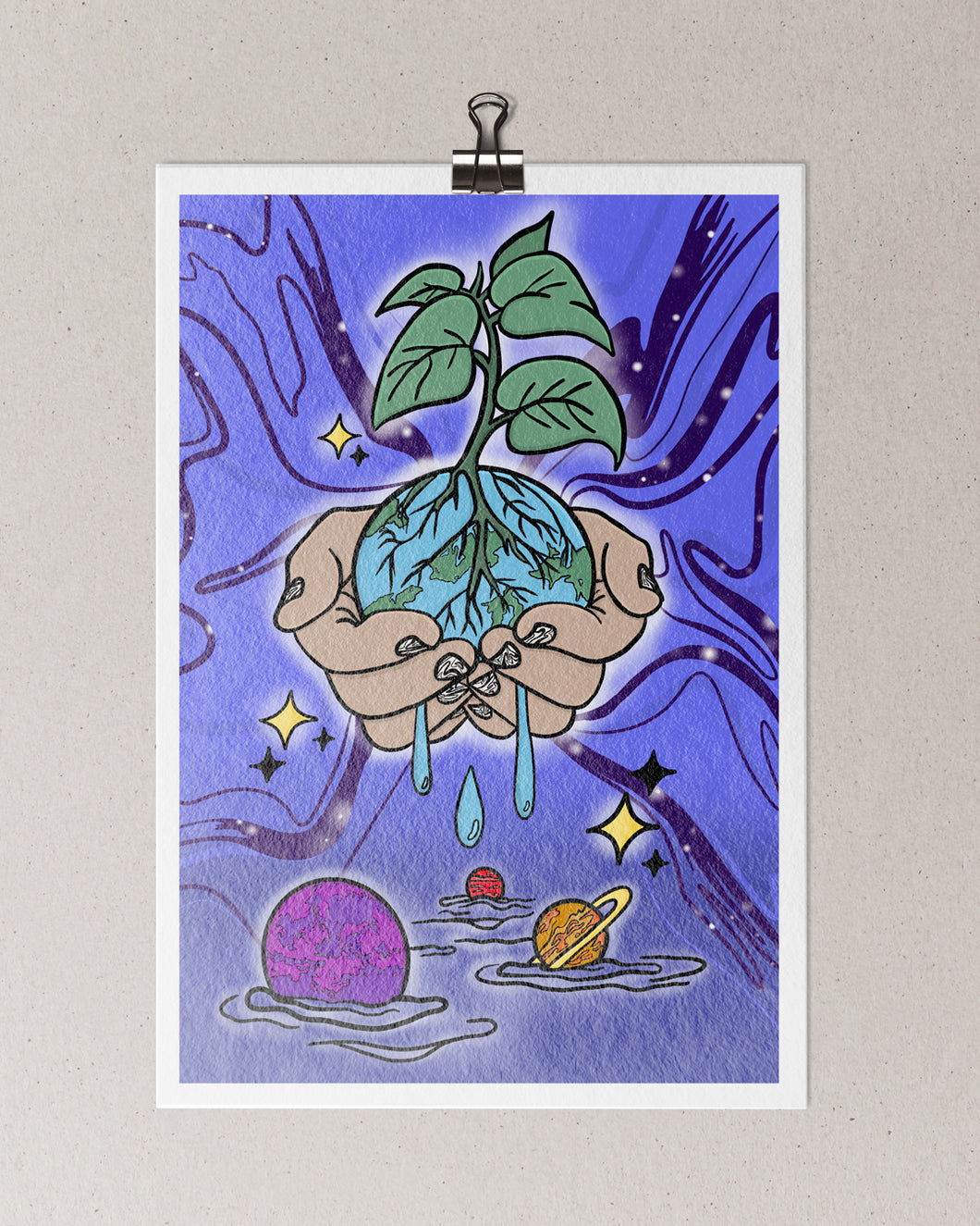 Hand-signed 8x10 inch premium art print titled ‘Give Yourself Space to Grow’ by Mikaela Henderson, featuring a cosmic and nature-inspired design on heavy card stock with a lustrous shimmer finish.